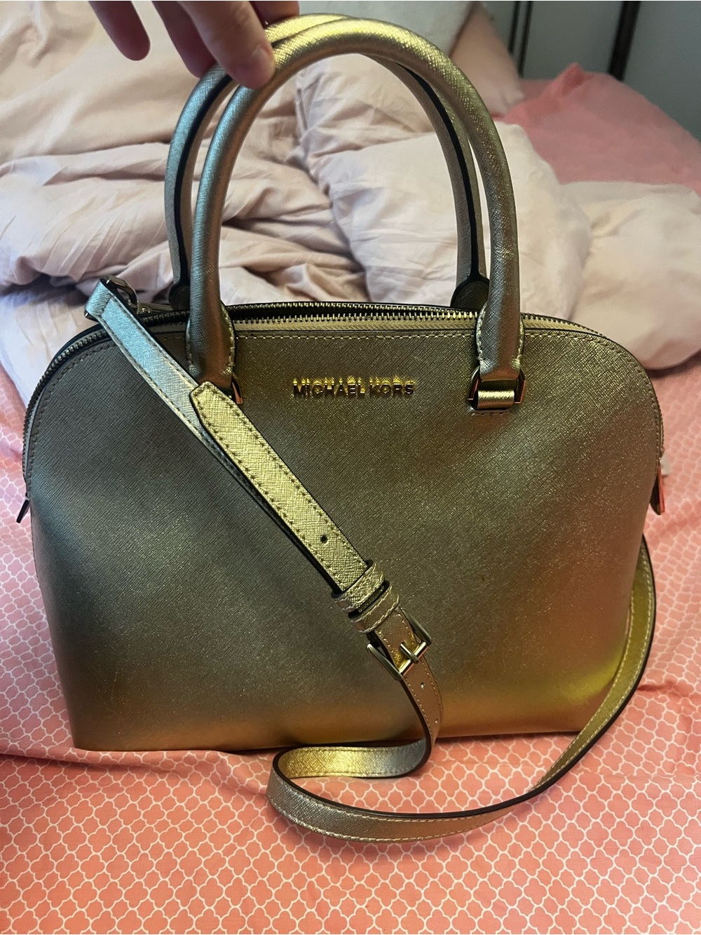 Michael Kors Metallic Gold Dome Satchel with Adjustable Strap